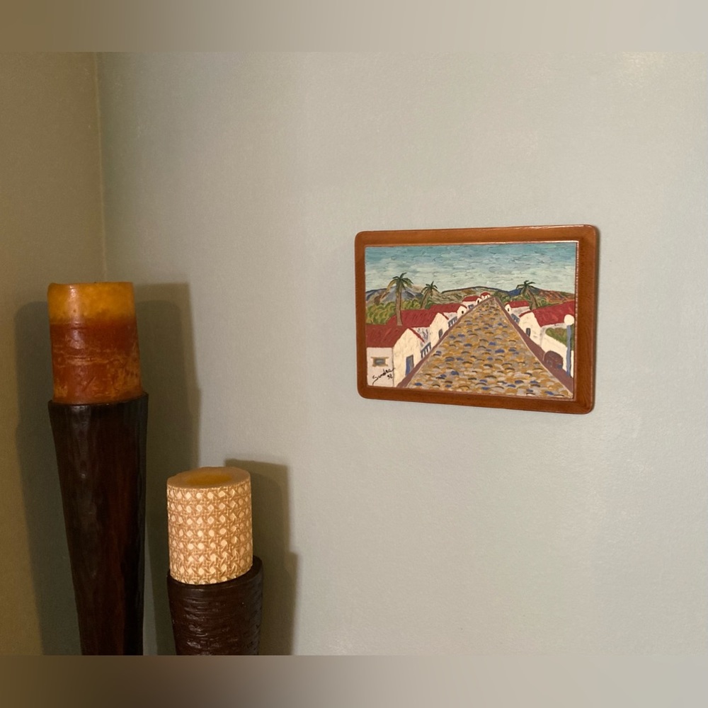 Hand Painted small town landscape in Colima Mexico. Oil on wood.